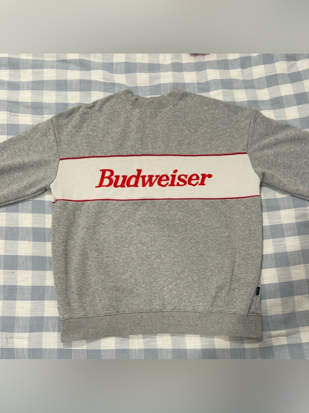 Budweiser Grey Crewneck Sweater, Red & White Logo (Vintage, Pristine Condition)